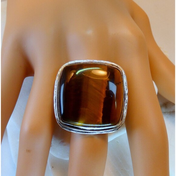 Large Natural Tiger's Eye Sterling Silver Ring Size 8 - Picture 9 of 10
